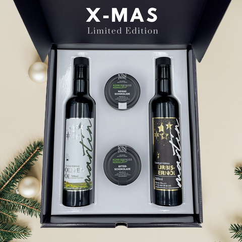 Weihnachtliche Öl-Geschenkbox groß mit 2x Genusskernen